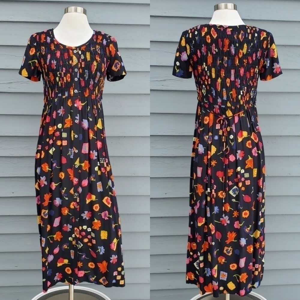 Vintage 90s y2k Colorful Floral Short Sleeve Button Front Maxi Shirt Dress 6